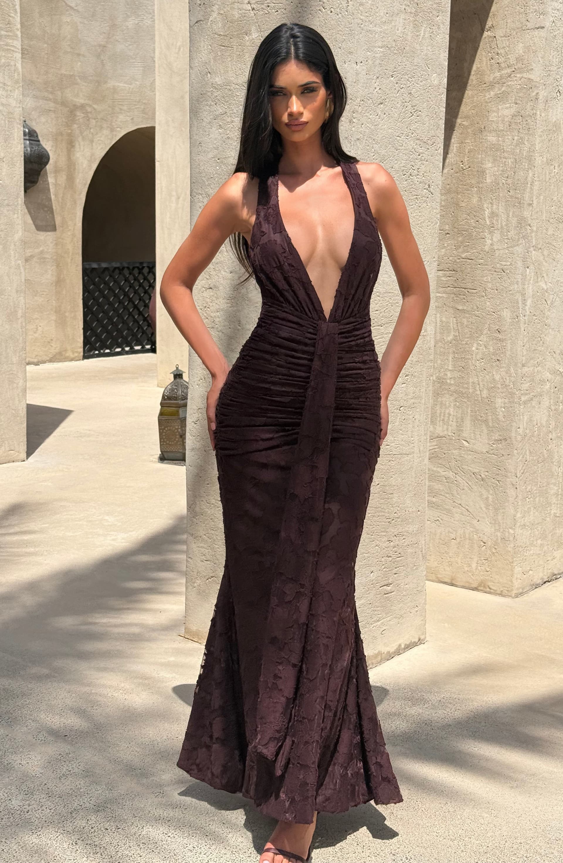 Guinevere Maxi Dress Plum Brown Floral Burnout Jersey Plunge Neckline Halter Open Back