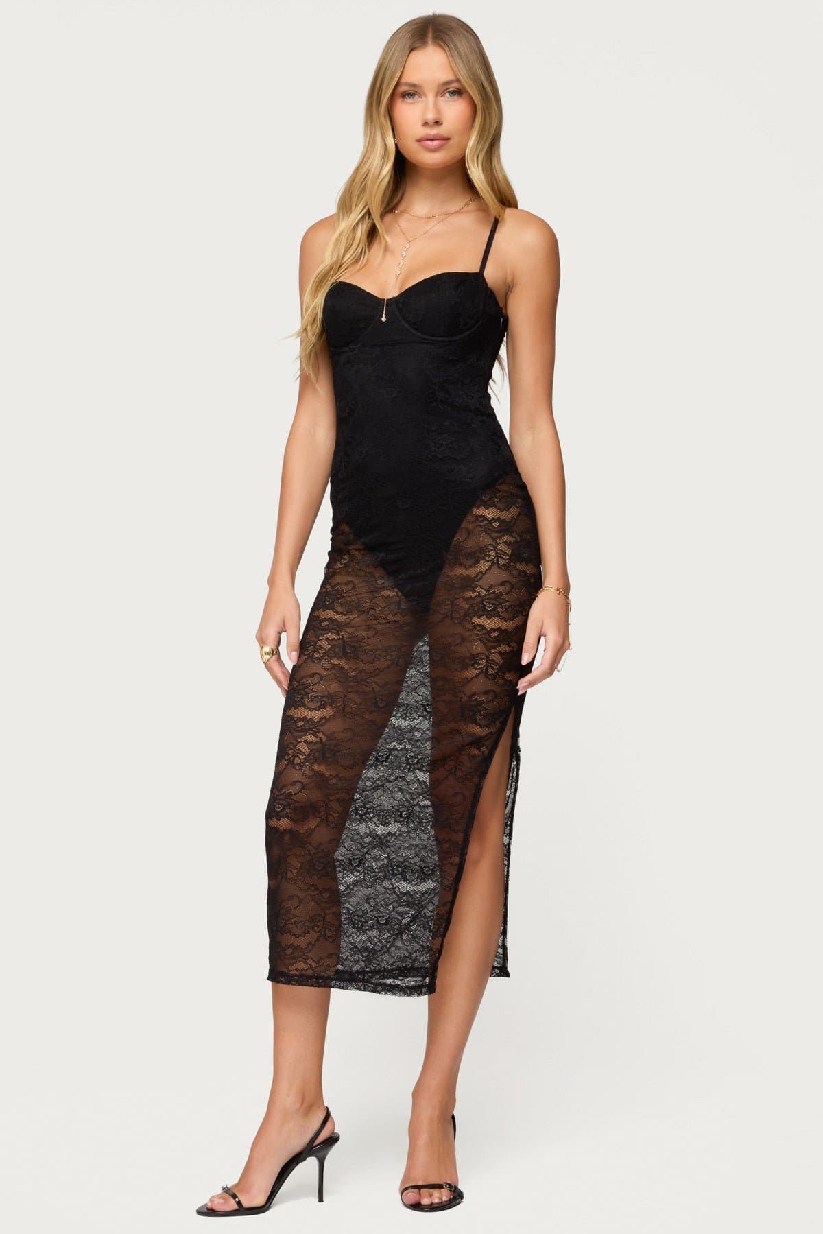 Sheer Lace Built-In Bodysuit Midi Dress with Adjustable Straps Polyester Spandex