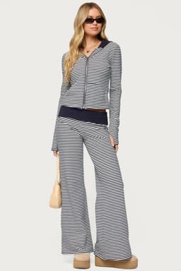 Meggy Striped Foldover Pants - Cotton Spandex, Contrast Waistband, 32.3" Inseam Size S