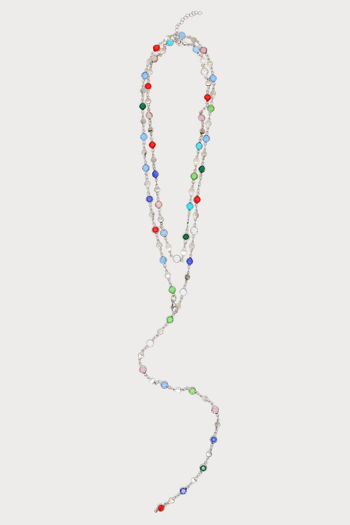 Cascading Gemstone Necklace Set Silver Tone Adjustable 17-30.3 Inch