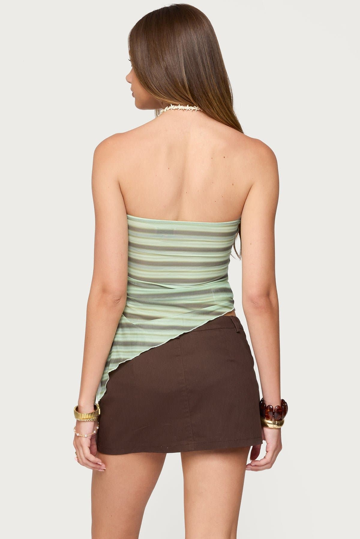 Sari Striped Strapless Asymmetric Top with Side Slit and Tie Detail Nylon Spandex