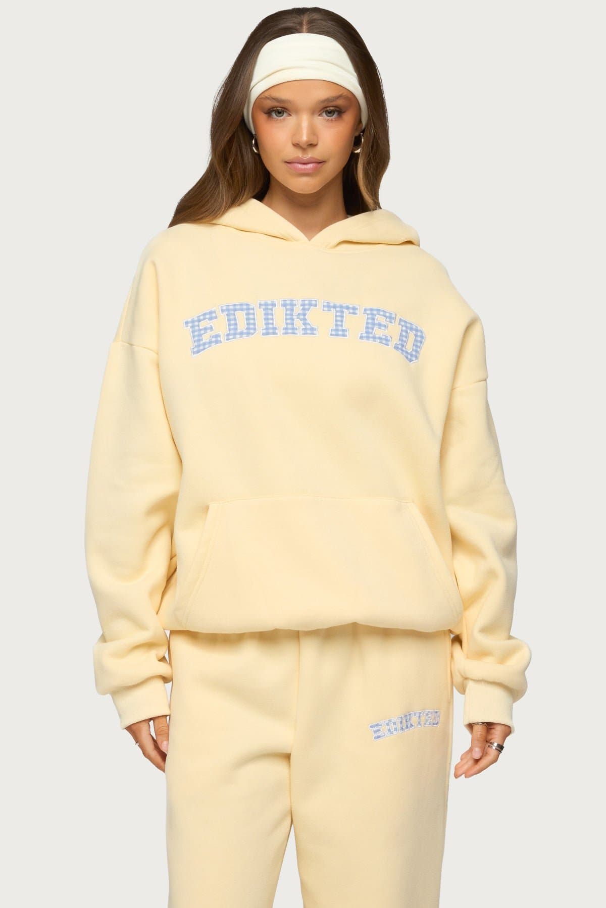 Edikted Lover Oversized Hoodie with Gingham Graphic Patch Polyester Cotton