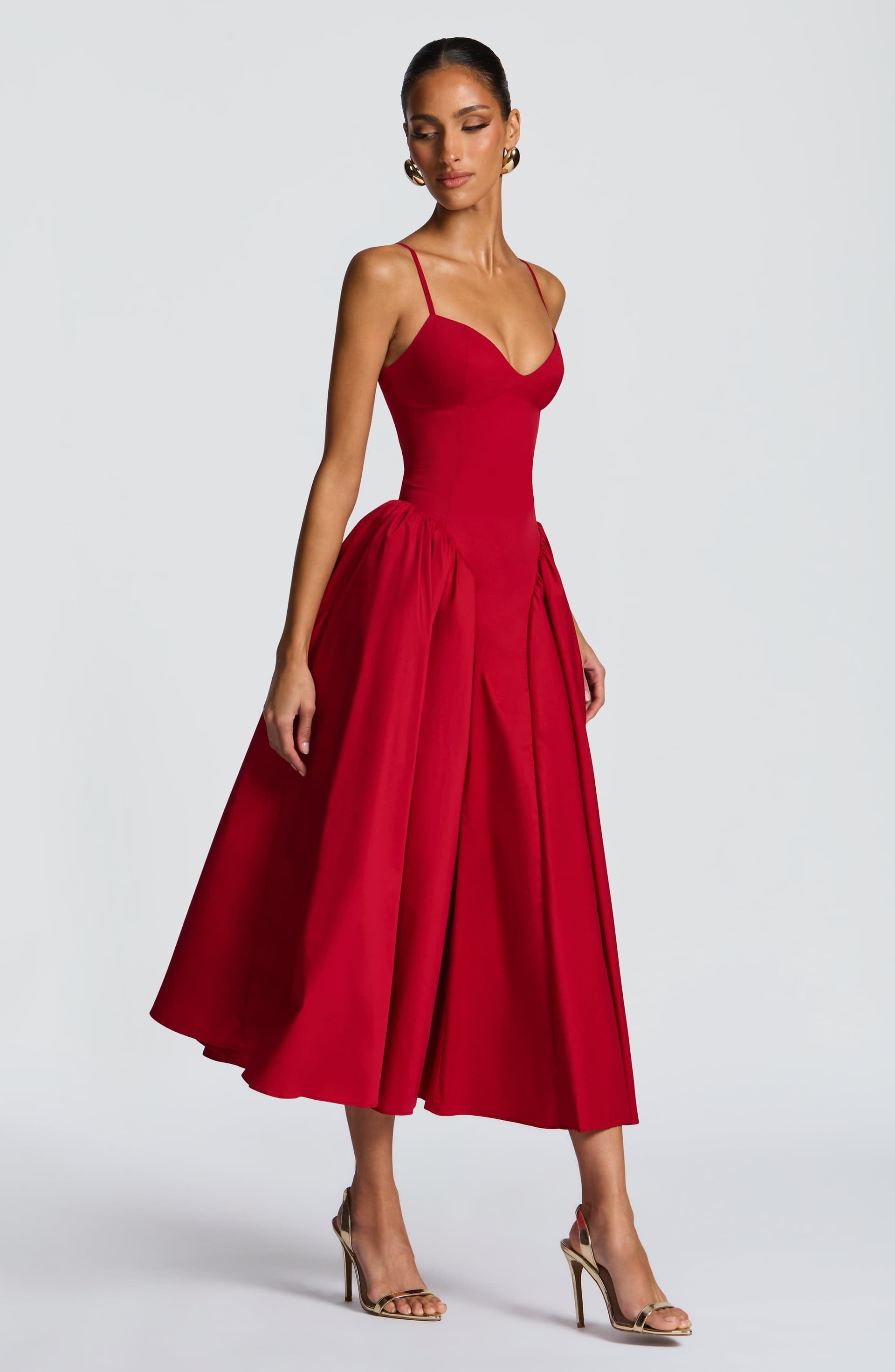 Emerson Midi Dress Red Sweetheart Neckline Lace-Up Back Dropped Waist