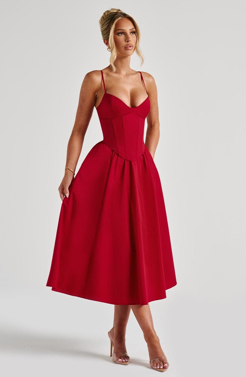 Mariella Midi Dress - Red Cotton Blend Corseted Bodice Full Skirt