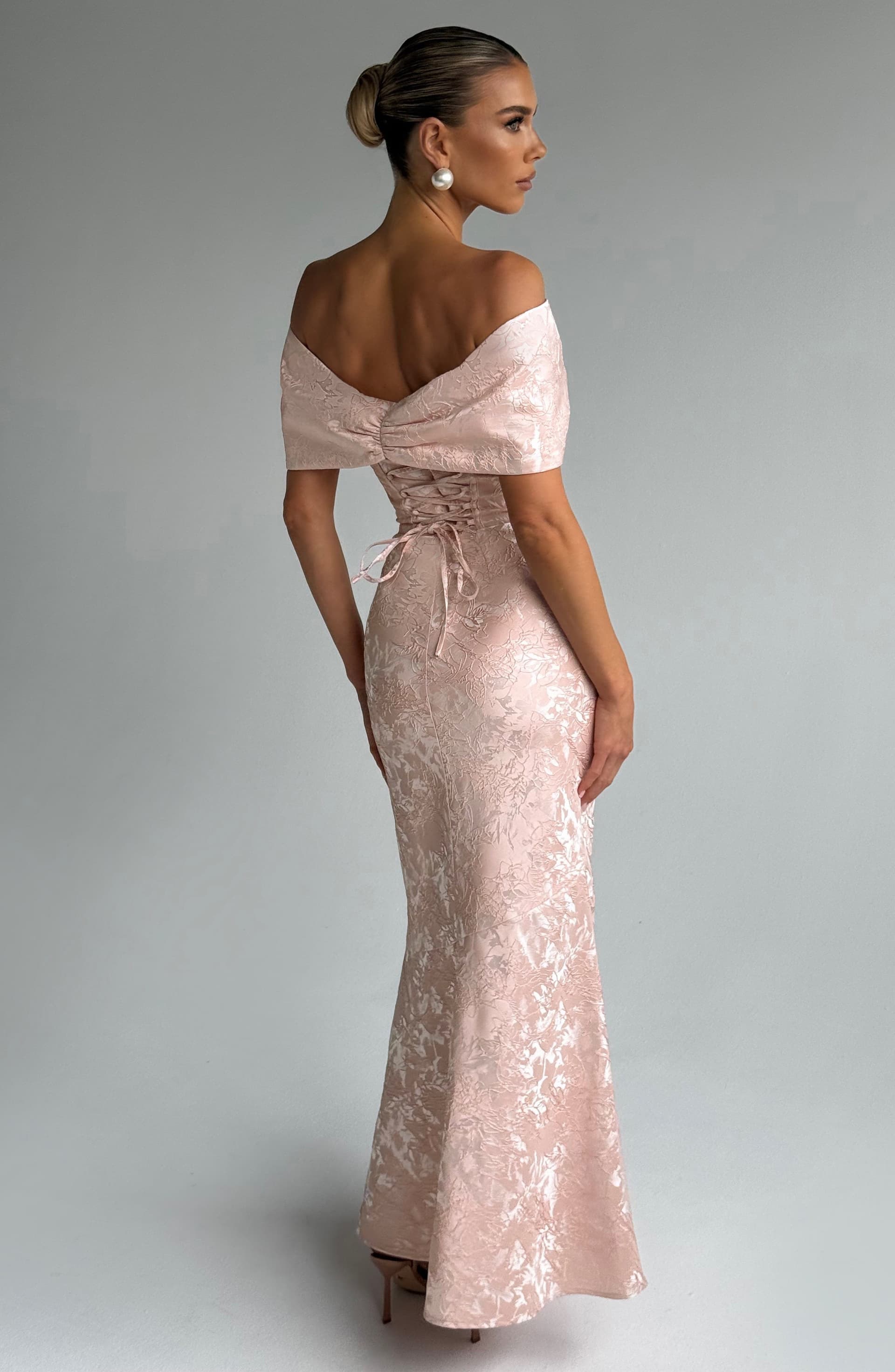 Emberly Soft Peach Maxi Dress Floral Jacquard Lace-Up Back Bardot Bow