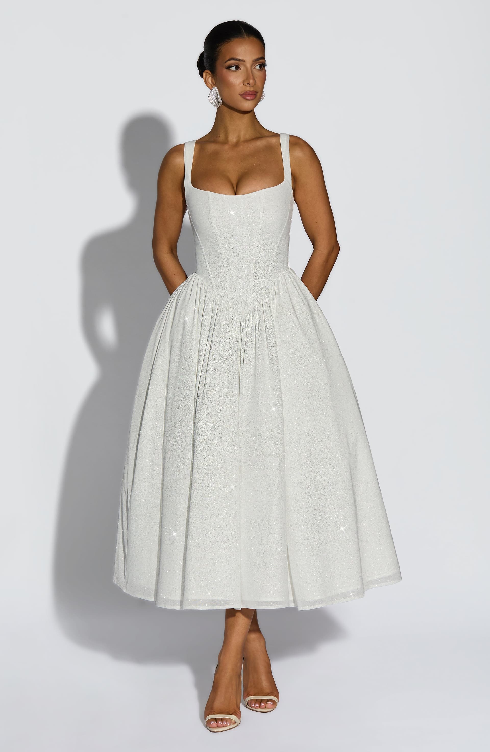 Vivienne Midi Dress Ivory Sparkle Boned Bodice Corset Waist Gathered Skirt