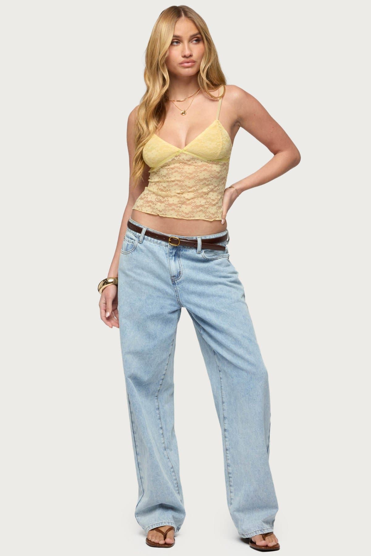 Eira Sheer Lace Tank Top with Mini Bow, Adjustable Straps, Polyester Spandex