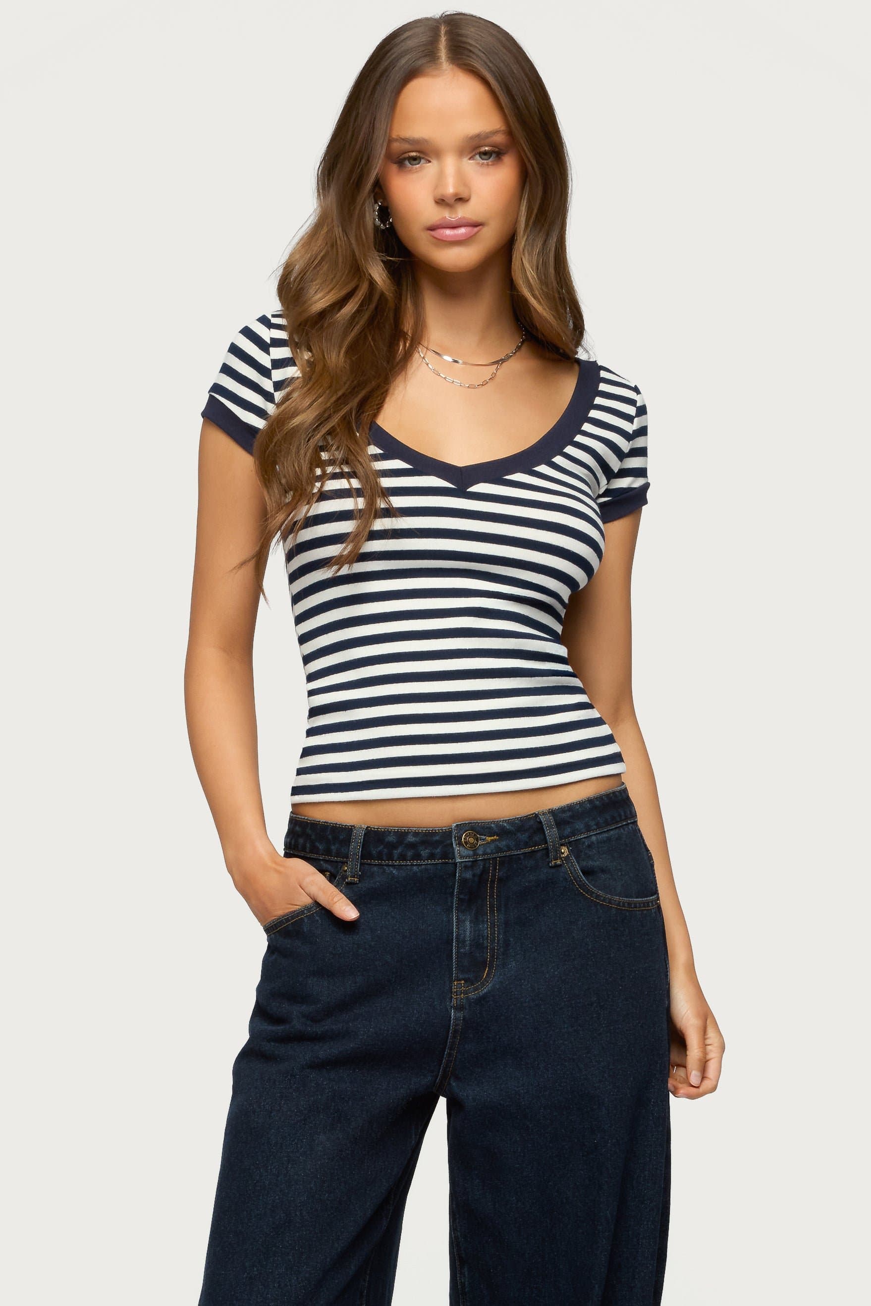 Antonela Striped V-Neck T-Shirt with Contrast Binding Cotton Spandex