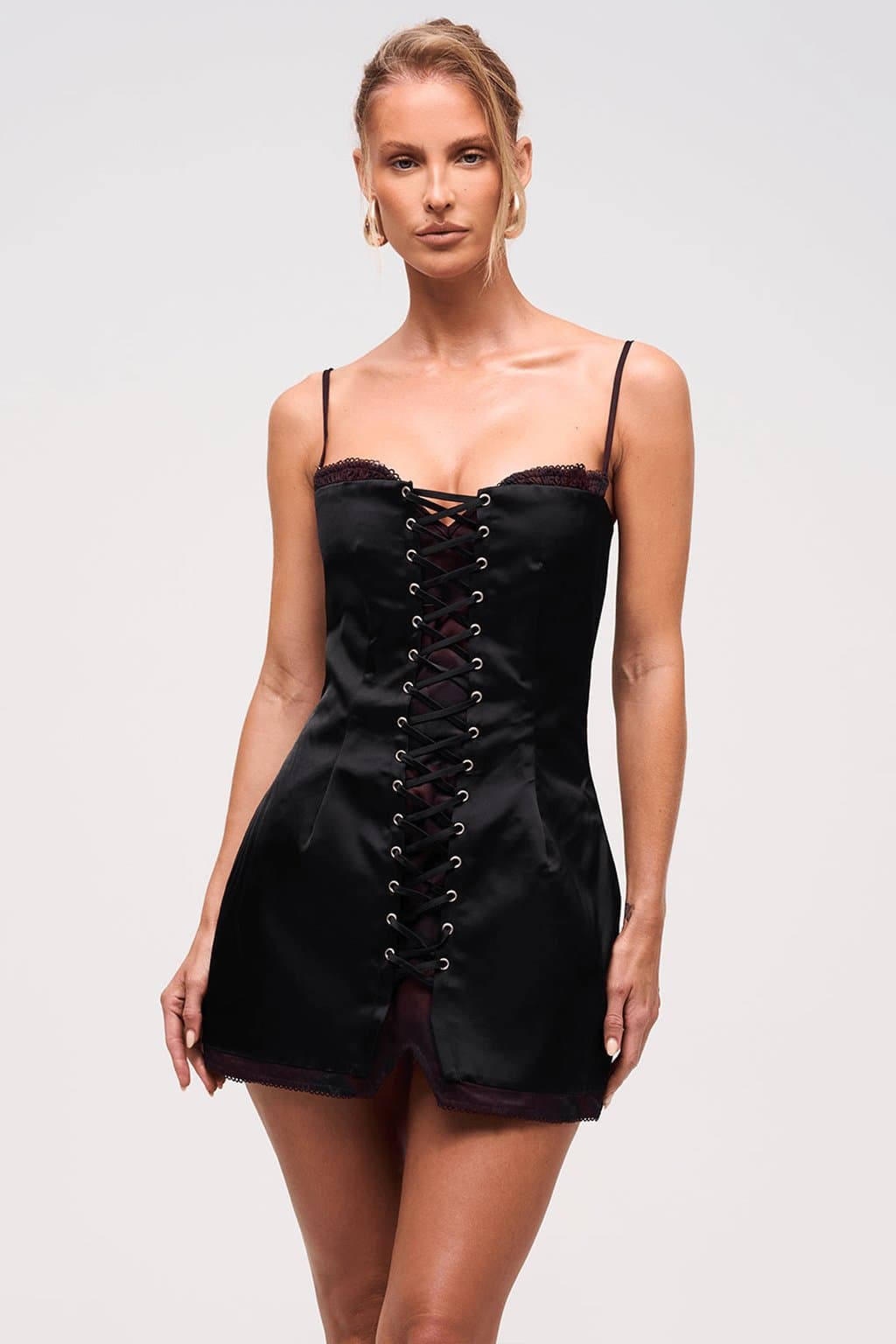 Soiree Lace Up Ultra Mini Dress - Bonded Fabric, Shirred Bust, Adjustable Straps