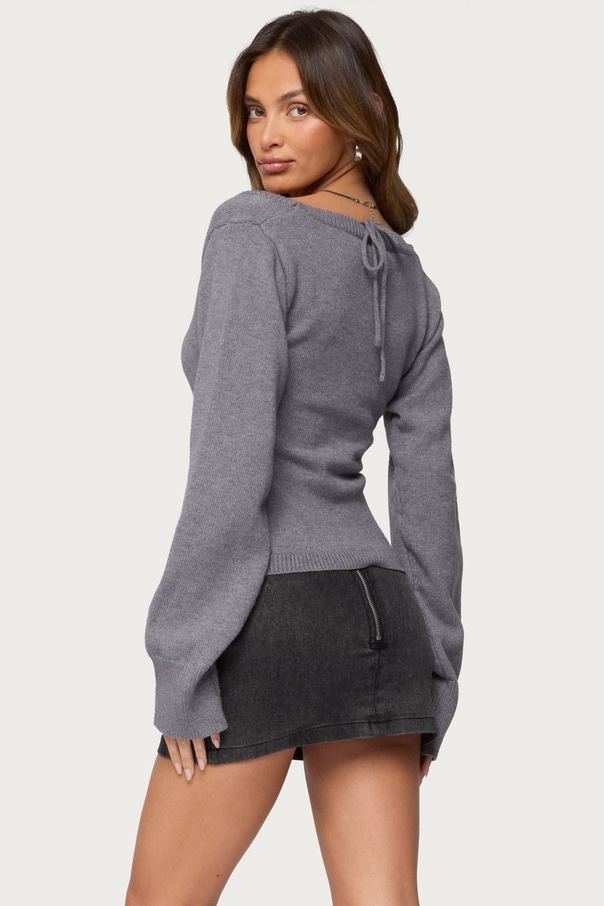 Stacie V Neck Sweater with Back Tie Detail Ribbed Knit Acrylic