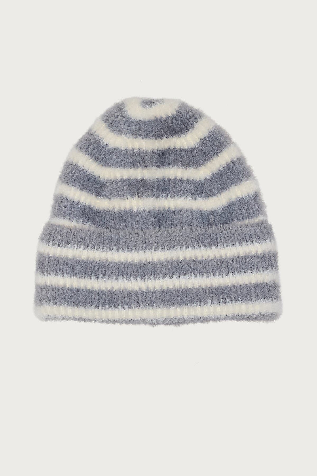Striped Fuzzy Knit Beanie - Polyester Hat, Height 12.6in Length 9in