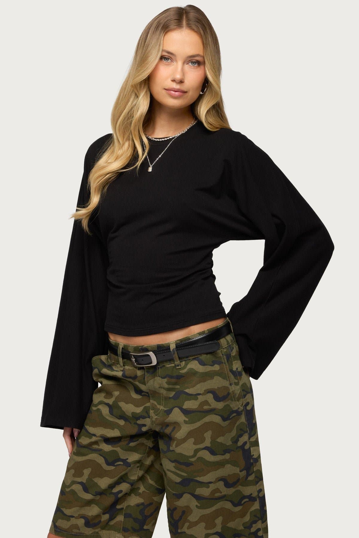 Charlisa Cinched Waist Long Sleeve Top - Cotton Spandex Ruched Detailing