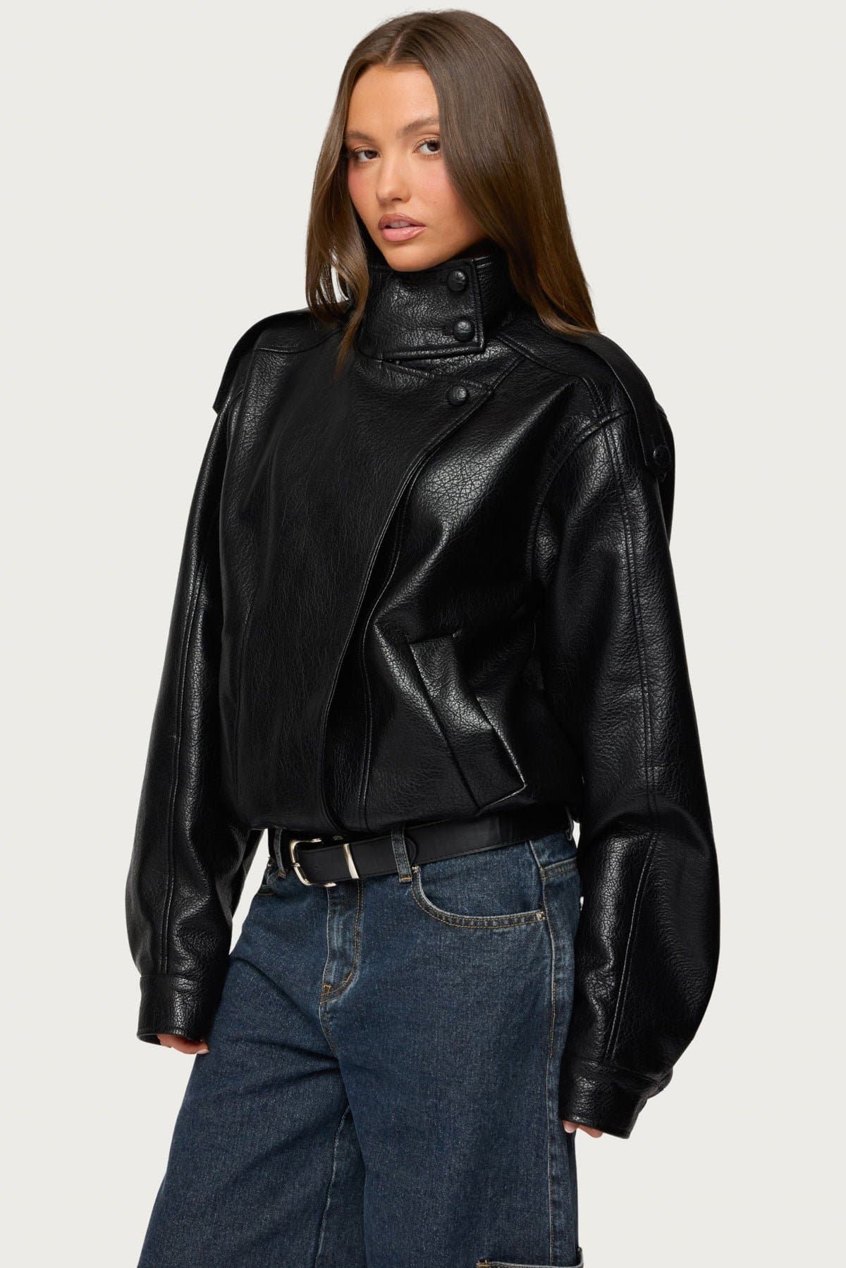 Jaicee High Neck Oversized Faux Leather Jacket - Polyurethane Polyester Women's Jacket
