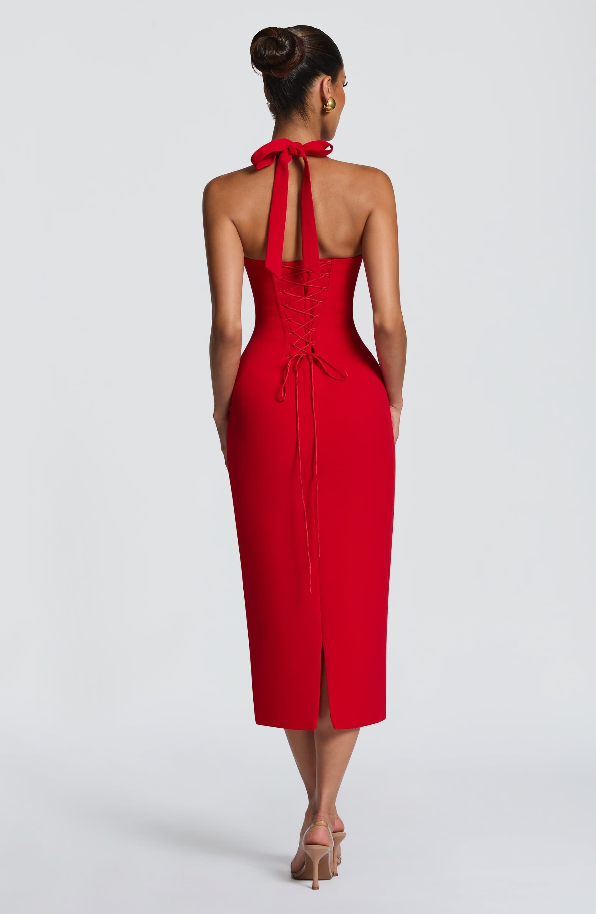 Cassia Midi Dress in Red - Non-Stretch Crepe, Halterneck, Underwired Bodice
