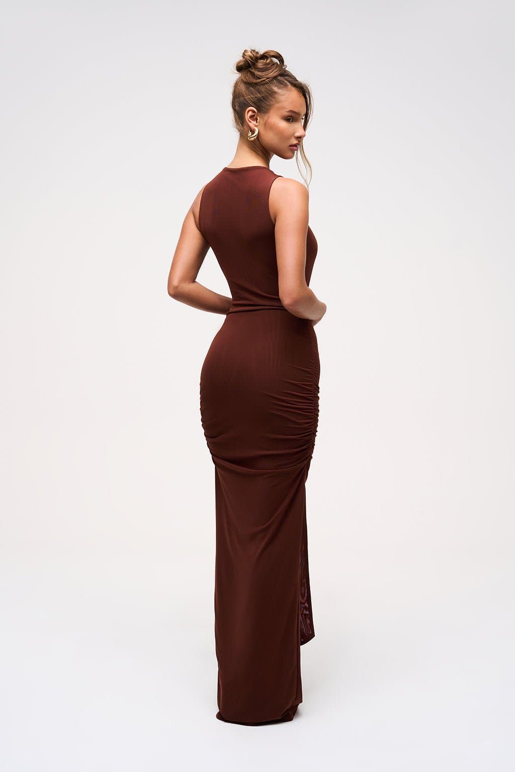 KAIA Drape Detail Maxi Dress in Cocoa Brown - Bodycon Fit with Cut Out and Ruching