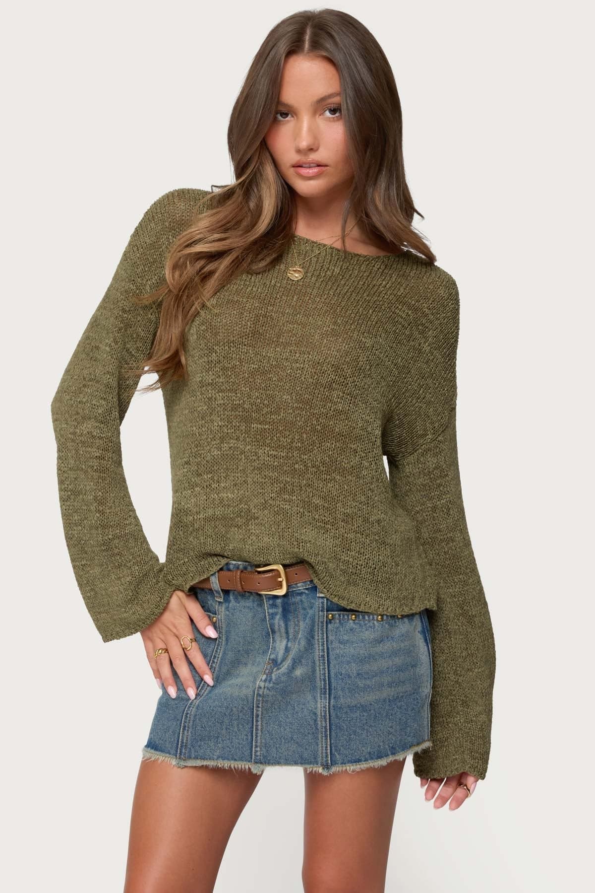 Drop Shoulder Light Knit Sweater - Relaxed Fit Polyester Rayon