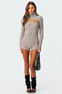 Finnley Two Piece Cable Knit Romper with Turtle Neck Shrug Polyester Rayon
