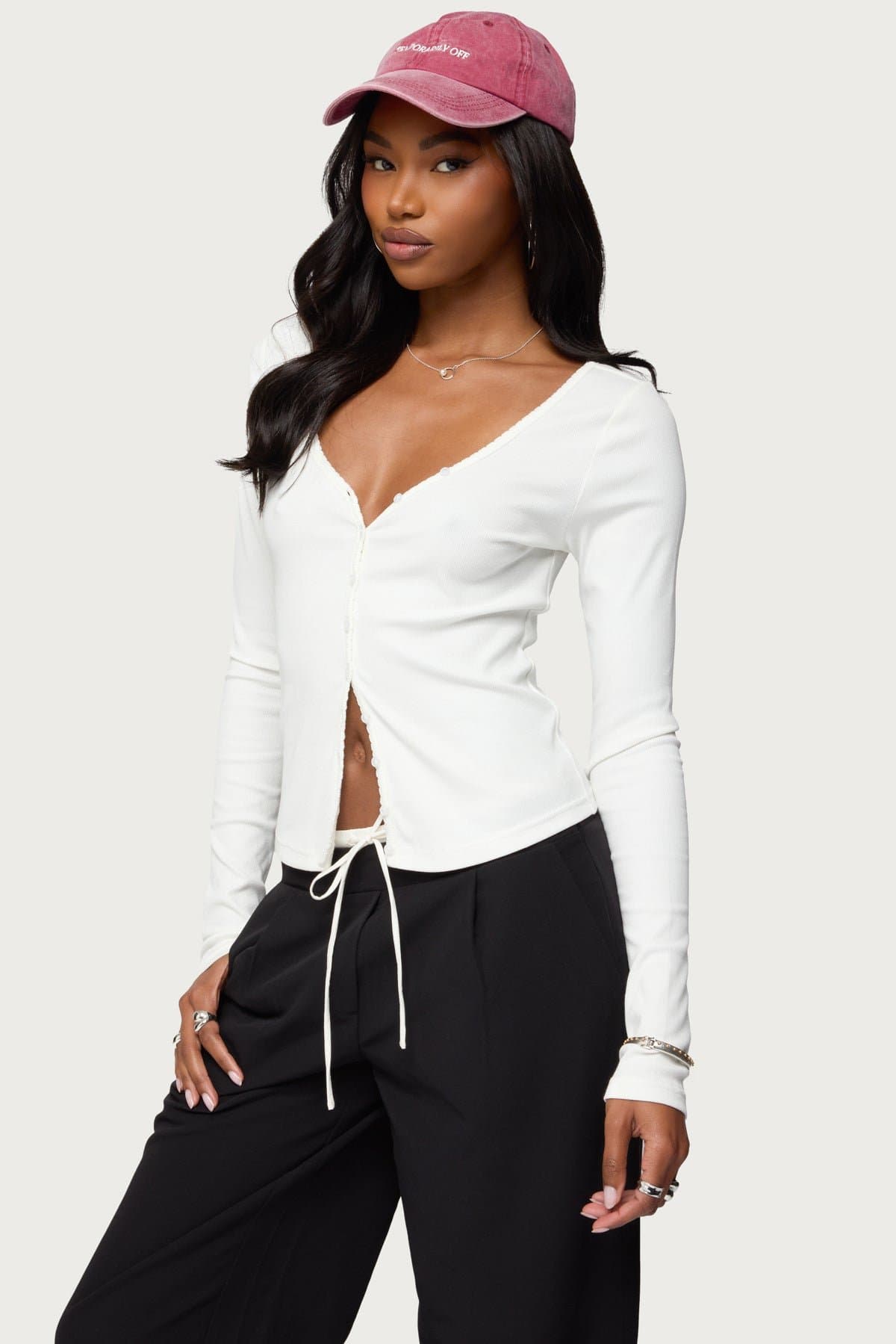 Tanya Button Up Cardigan - V Neck Frilled Trim Cotton Rayon Spandex