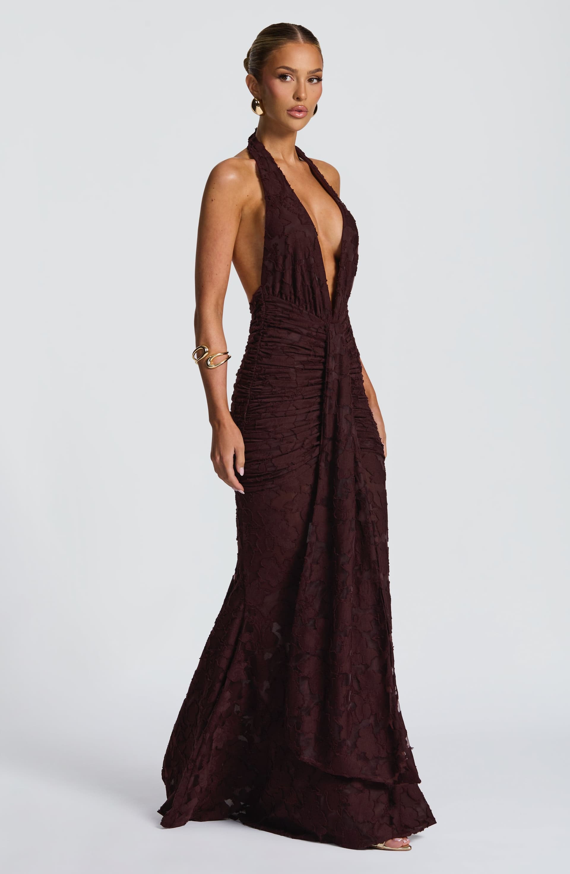 Guinevere Maxi Dress Plum Brown Floral Burnout Jersey Plunge Neckline Halter Open Back