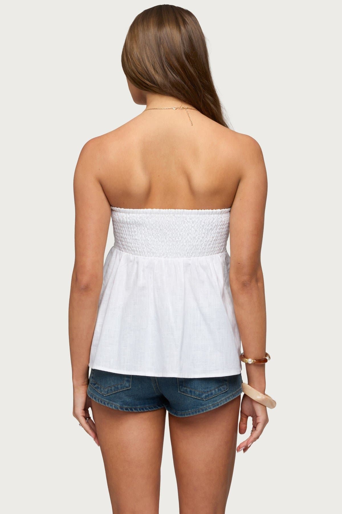 Linen Look Strapless Babydoll Top - Women's Casual Blouse