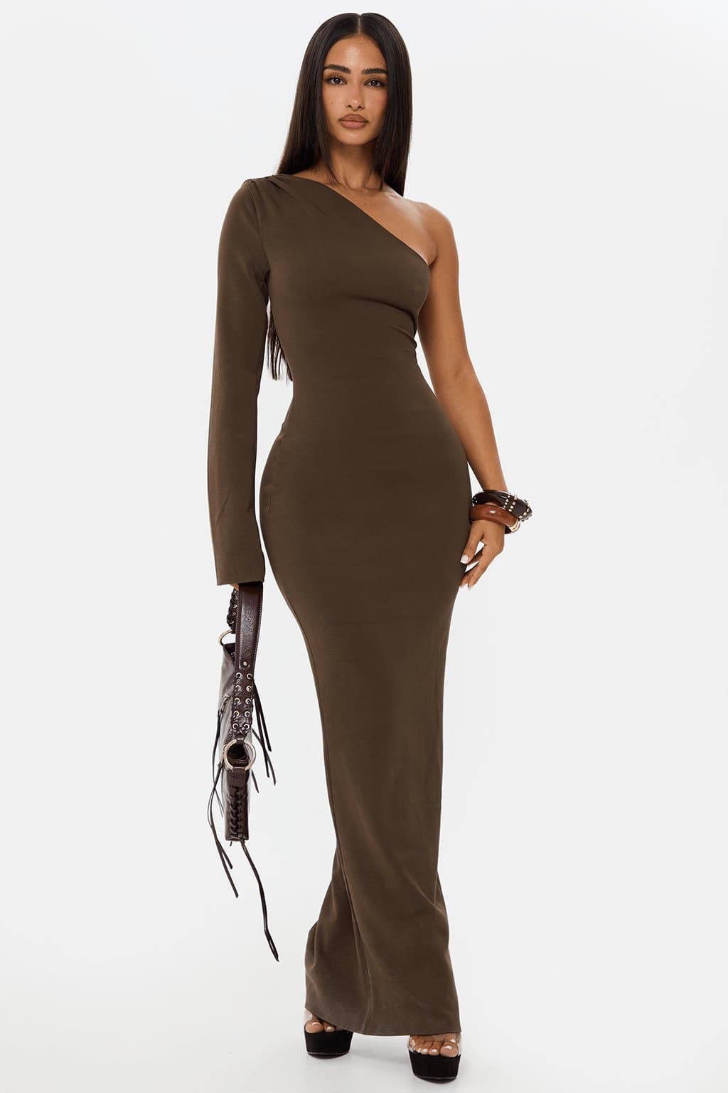 Sculpt Asymmetric Off the Shoulder Maxi Dress - Buttery Stretch Fitted Floor Length