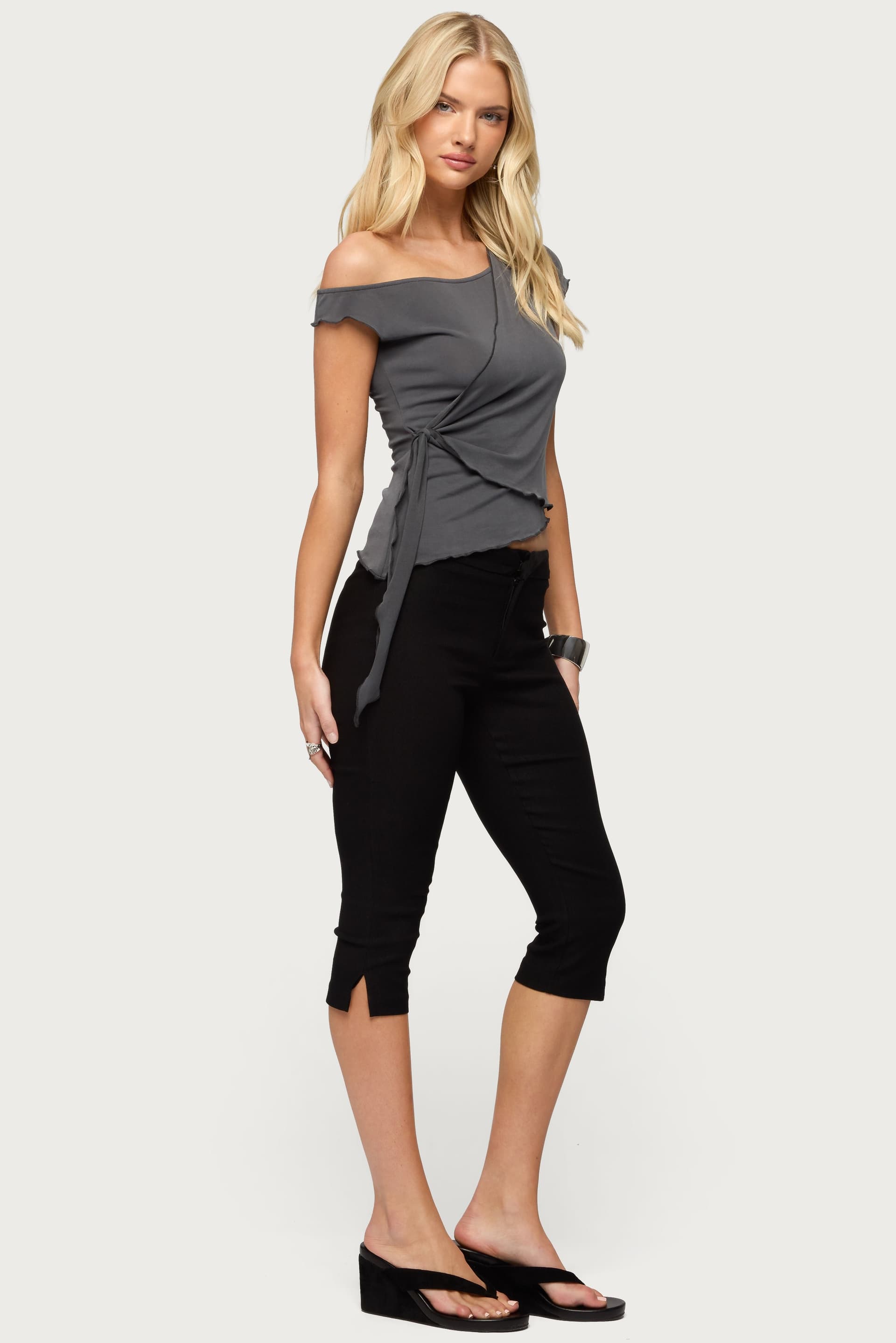 Asymmetric Off Shoulder Wrap Top in Rayon Polyester