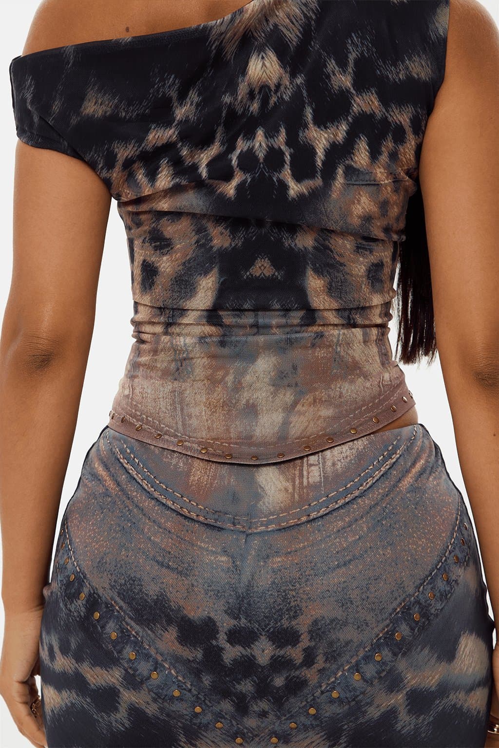 ROAR Asymmetric Off-Shoulder Printed Stretch Mesh Co-Ord Set with Long Crop Top and Micro Mini Skirt