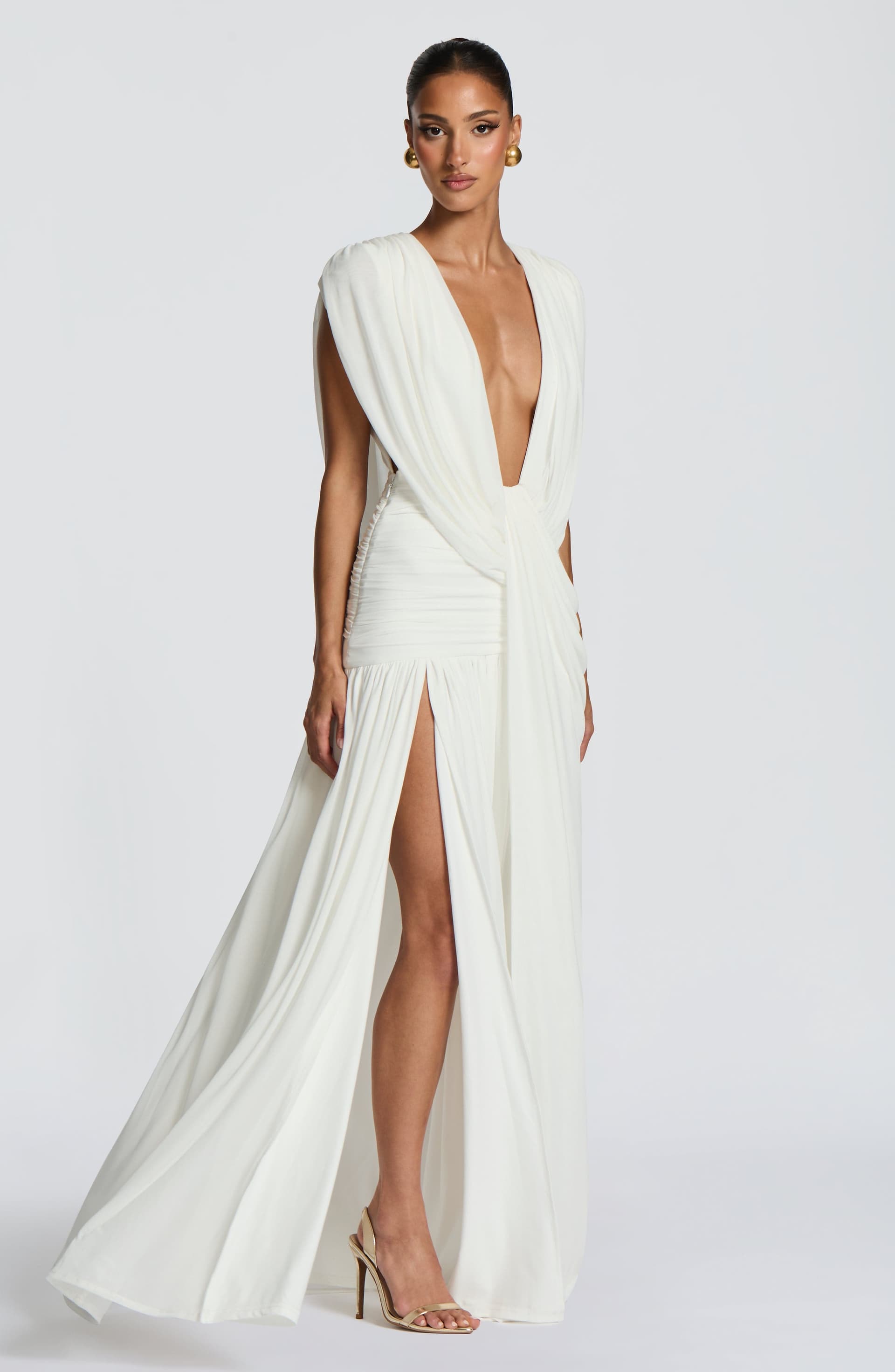 Romilly Gown - Ivory Mesh Maxi Dress with Plunge Neckline and Thigh-High Split