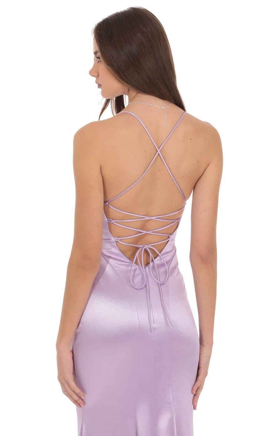 Satin Open Back Mermaid Maxi Dress in Lavender