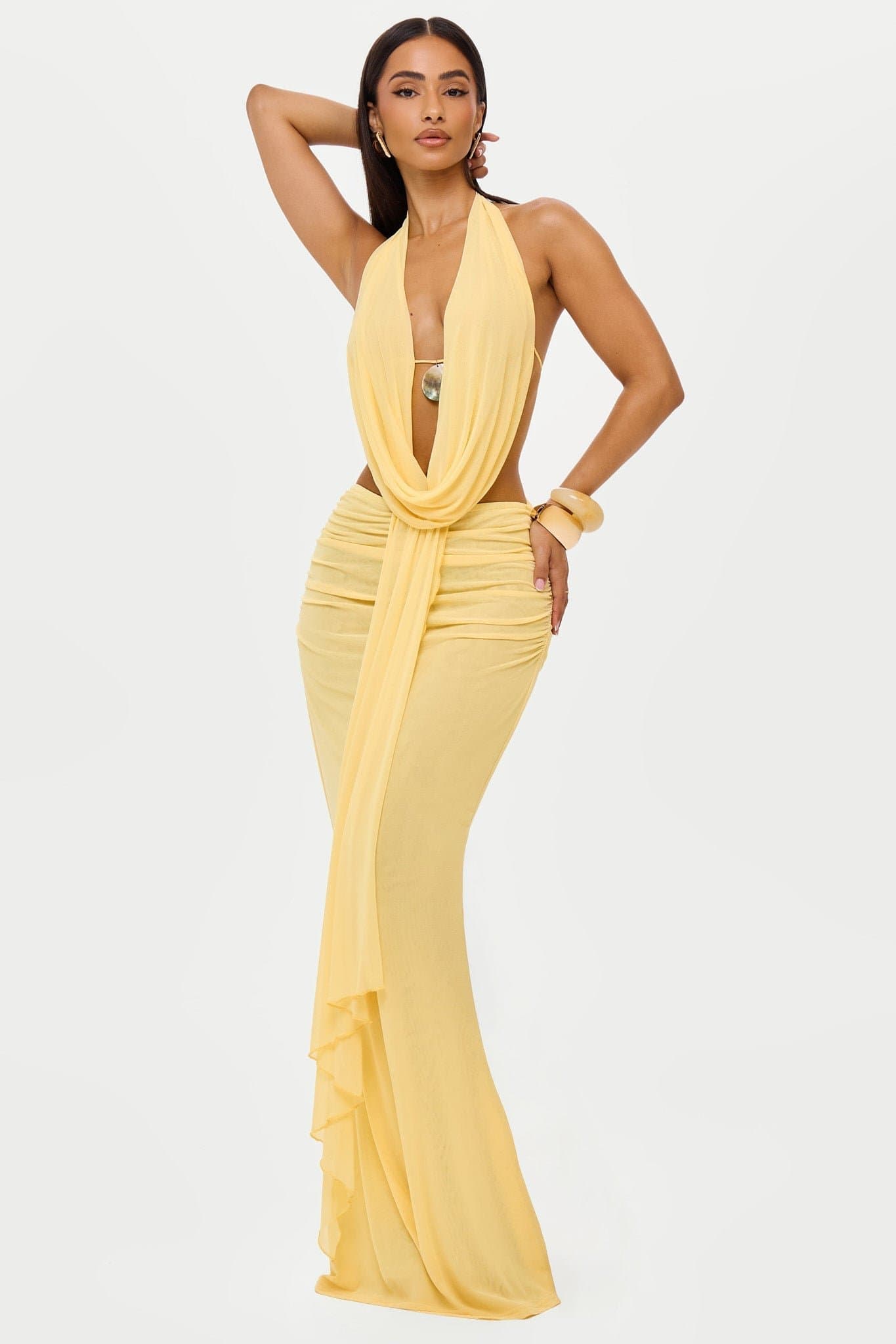 Pearl Maxi Fit and Flare Skirt with Ruching and Stretch Mesh