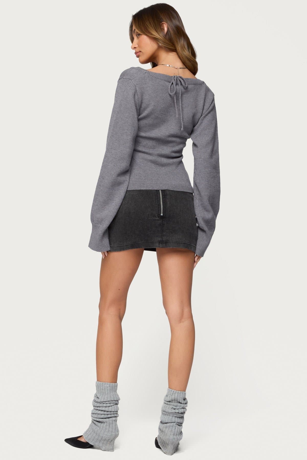 Stacie V Neck Sweater with Back Tie Detail Ribbed Knit Acrylic