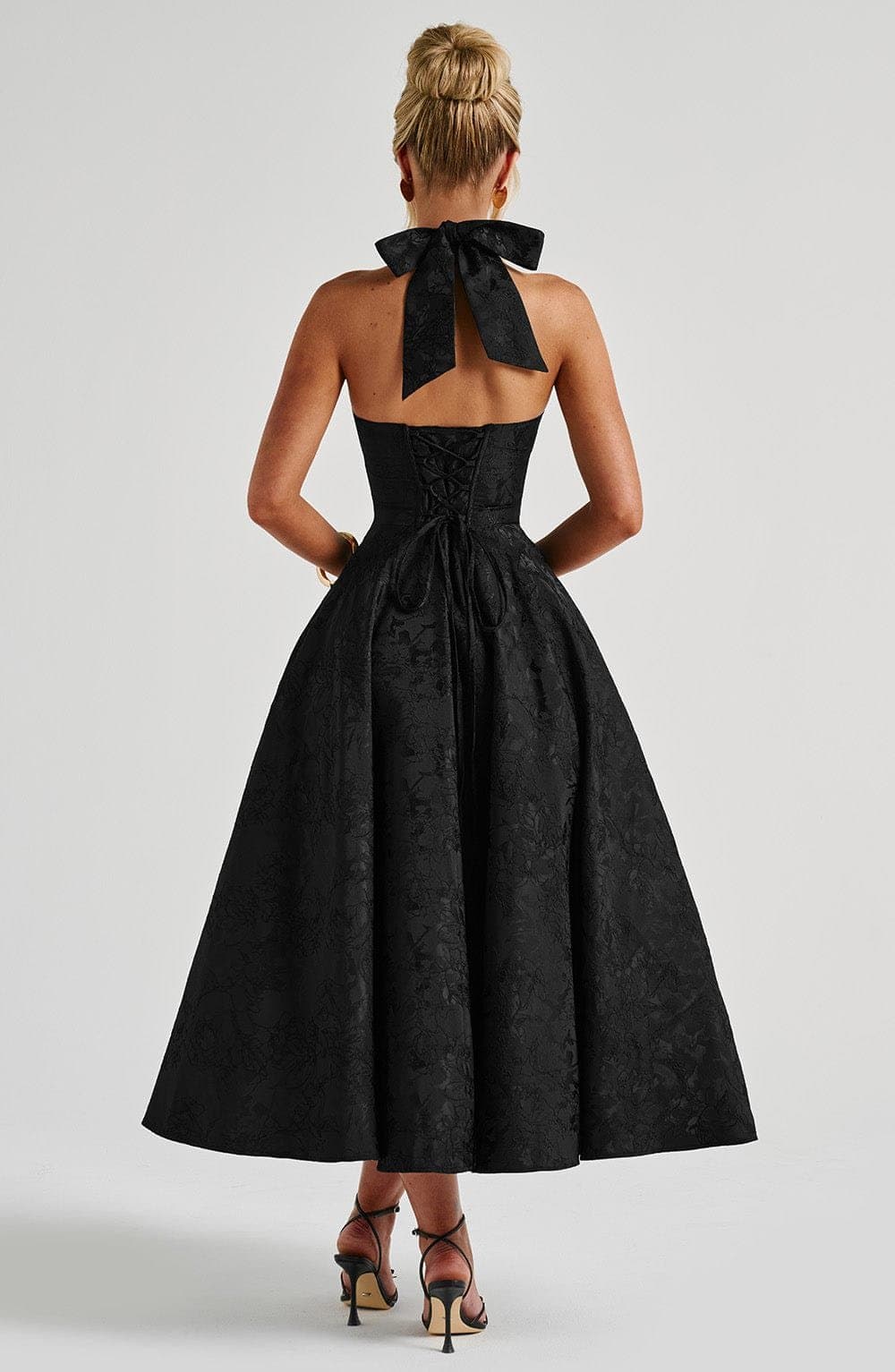 Effie Midi Dress in Black - Plunge Halter Neckline, Lace Up Back, Full Skirt