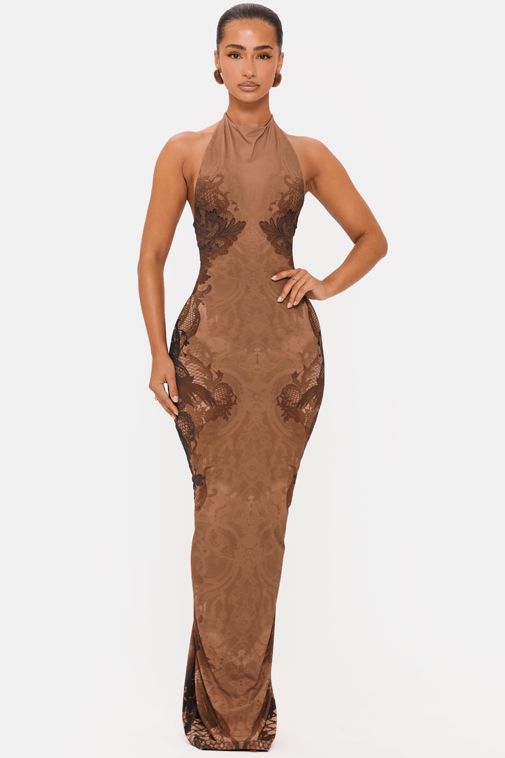 Allure High Neck Cowl Maxi Dress Brown Lace Print Polyamide Elastane