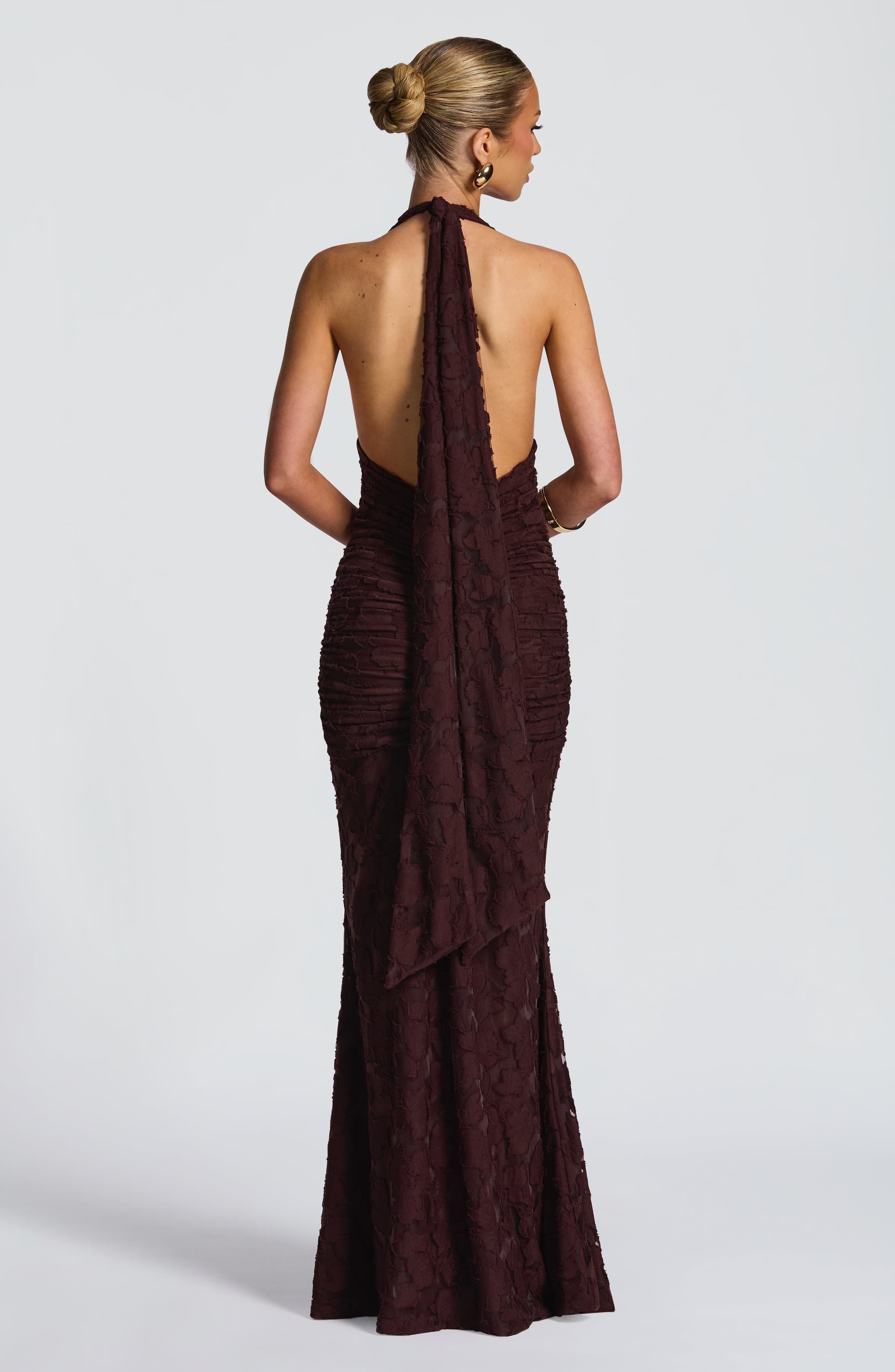Guinevere Maxi Dress Plum Brown Floral Burnout Jersey Plunge Neckline Halter Open Back