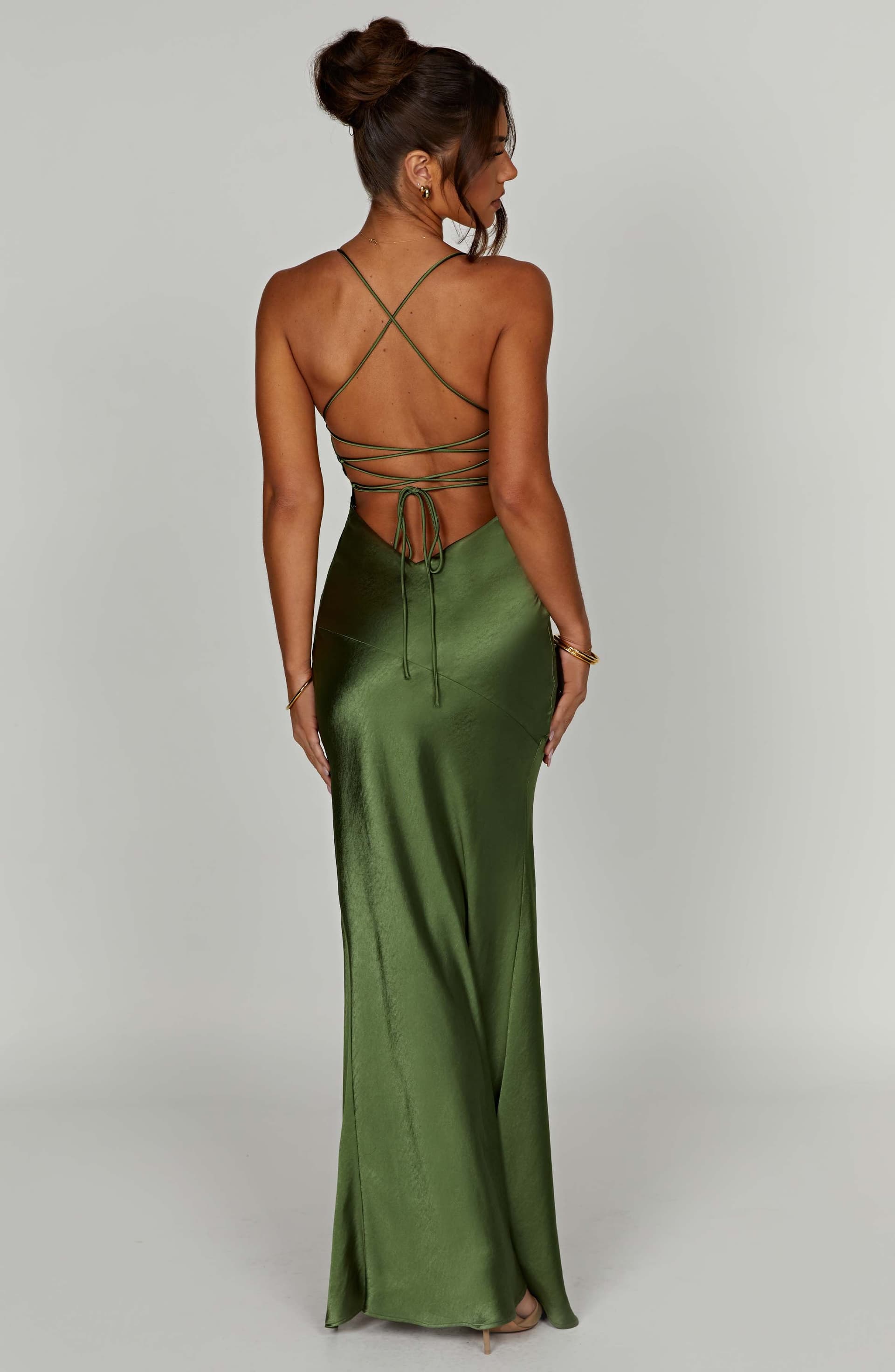 Isobel Maxi Dress - Emerald Satin Bias Cut Plunge Neck Thigh Split