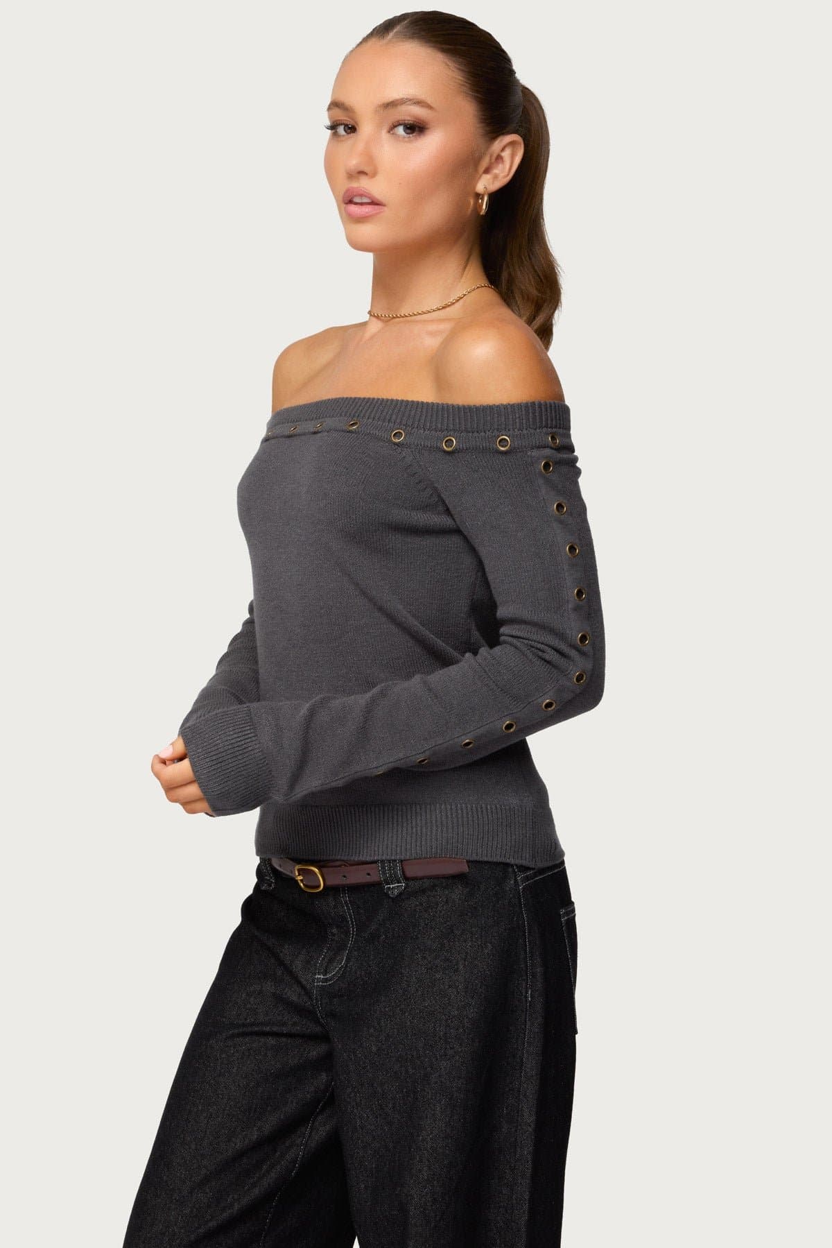 Morgen Grommet Off Shoulder Knit Top - Rayon Polyester Nylon