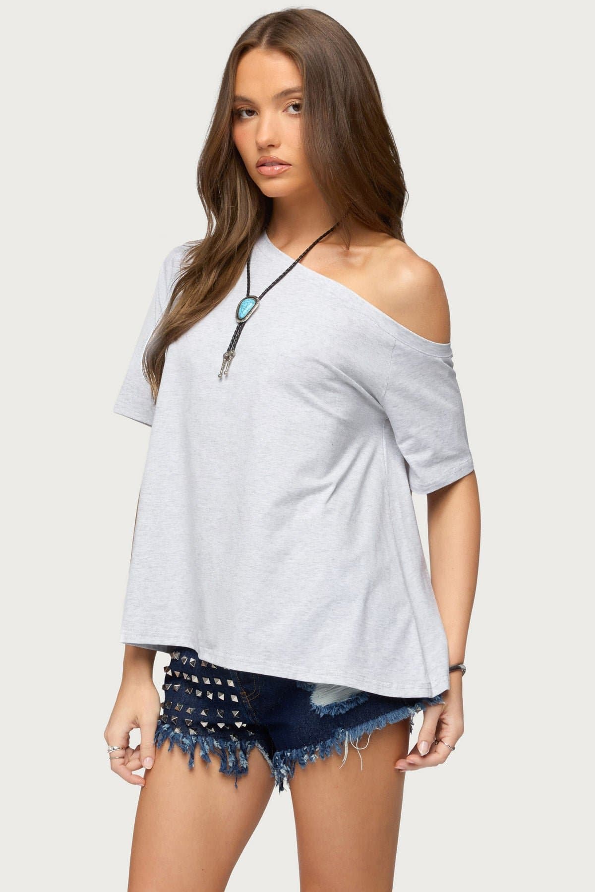 Miah Off Shoulder Shredded Back Top Oversized Fit Cotton Spandex