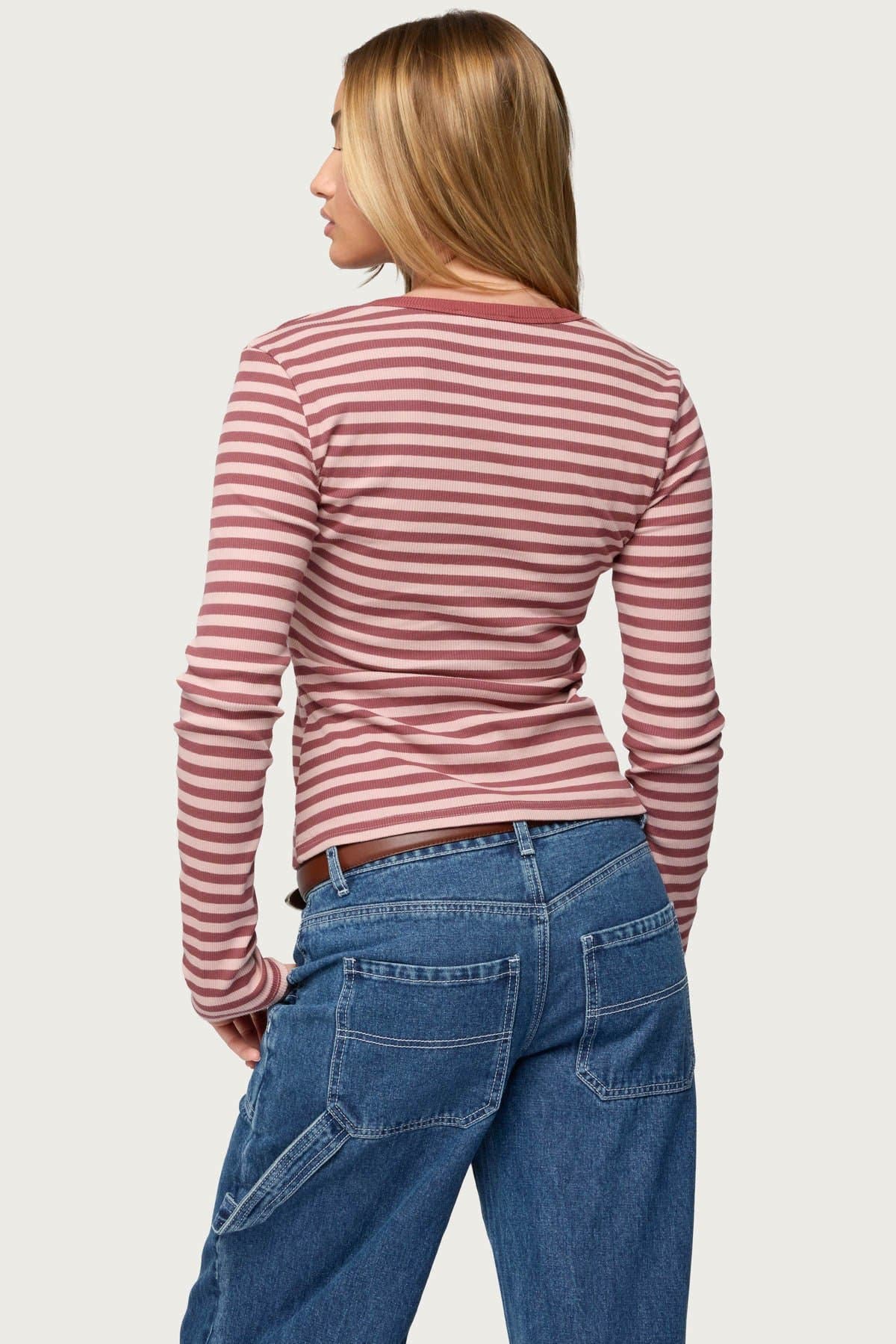 Roma Striped Henley Top Long Sleeve Cotton Spandex Contrast Trim