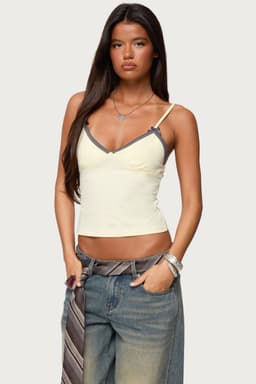 Ruelle Contrast Frill Tank Top - Adjustable Straps, V-Neck, Cotton Spandex