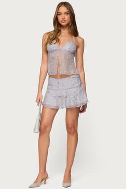 Kylie Beaded Flared Mini Skirt - Polyester with Embroidered Detailing, Side Zip