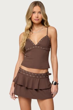 Hailie Grommet Tank Top with Adjustable Straps, Underbust Stitching, Polyester Spandex