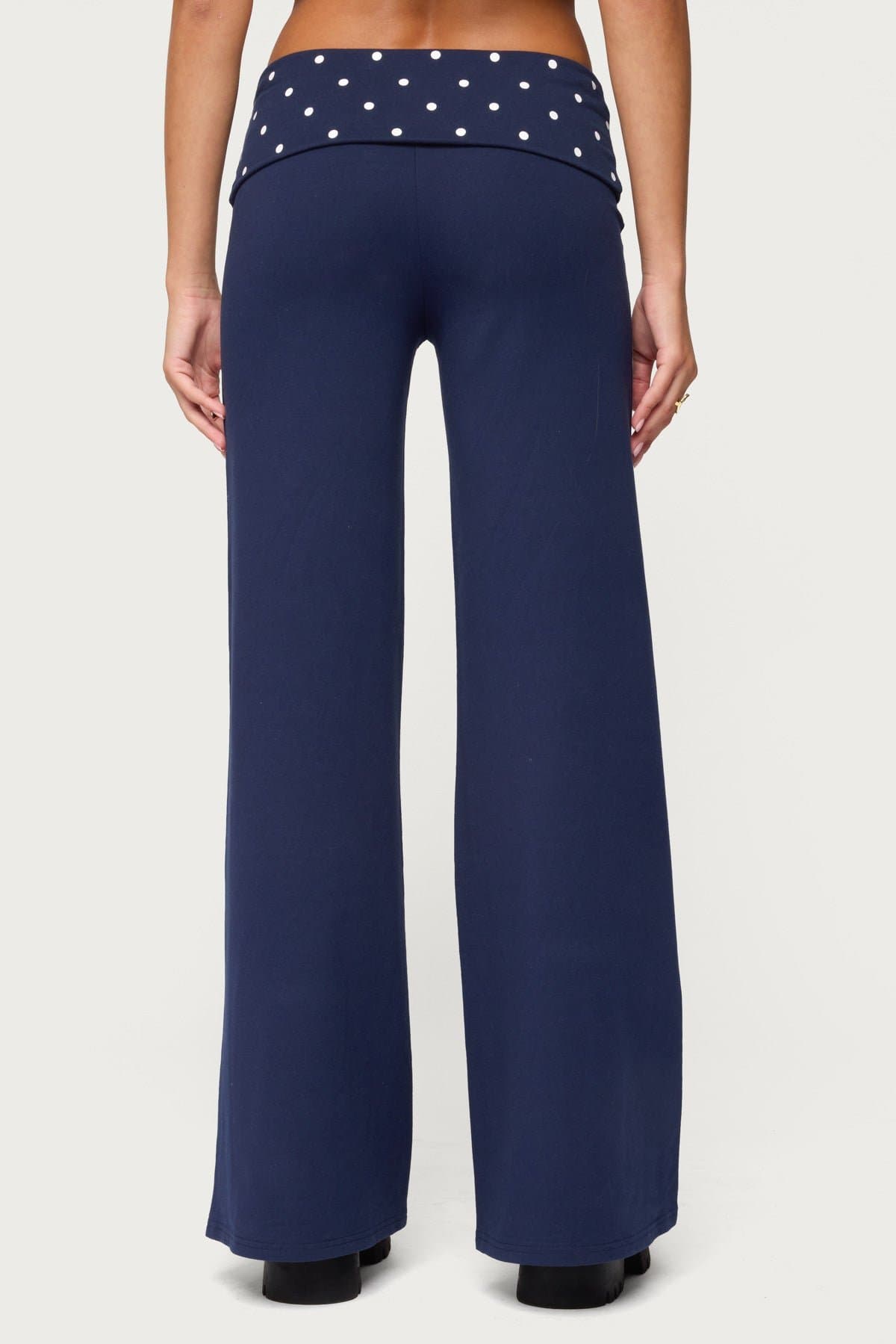 Reeva Polka Dot Foldover Wide Leg Pants - Cotton Spandex Size S Inseam 31.9"