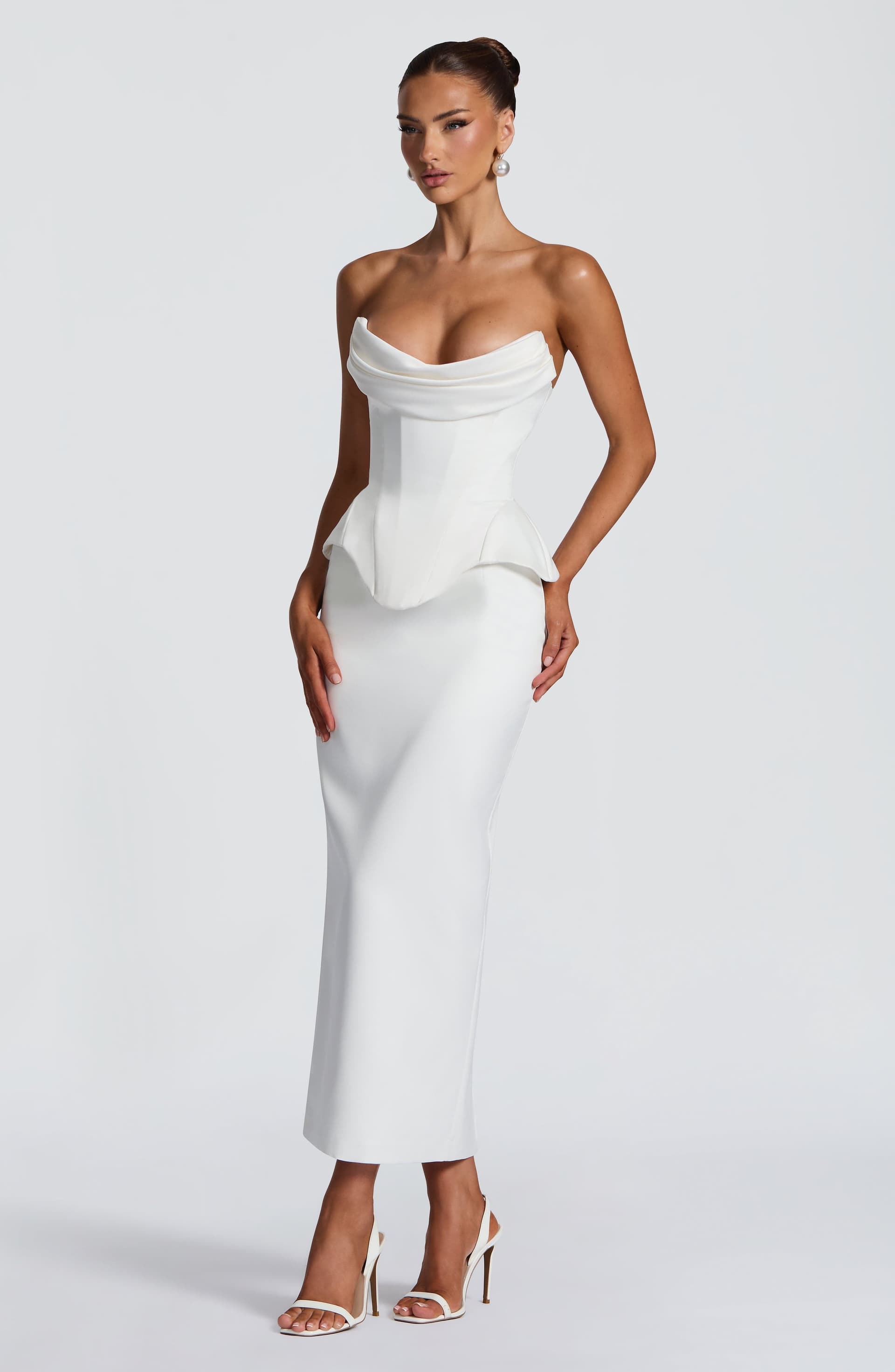 Calliope Midi Skirt in Ivory Duchess Satin - Mid-Rise Pencil Silhouette