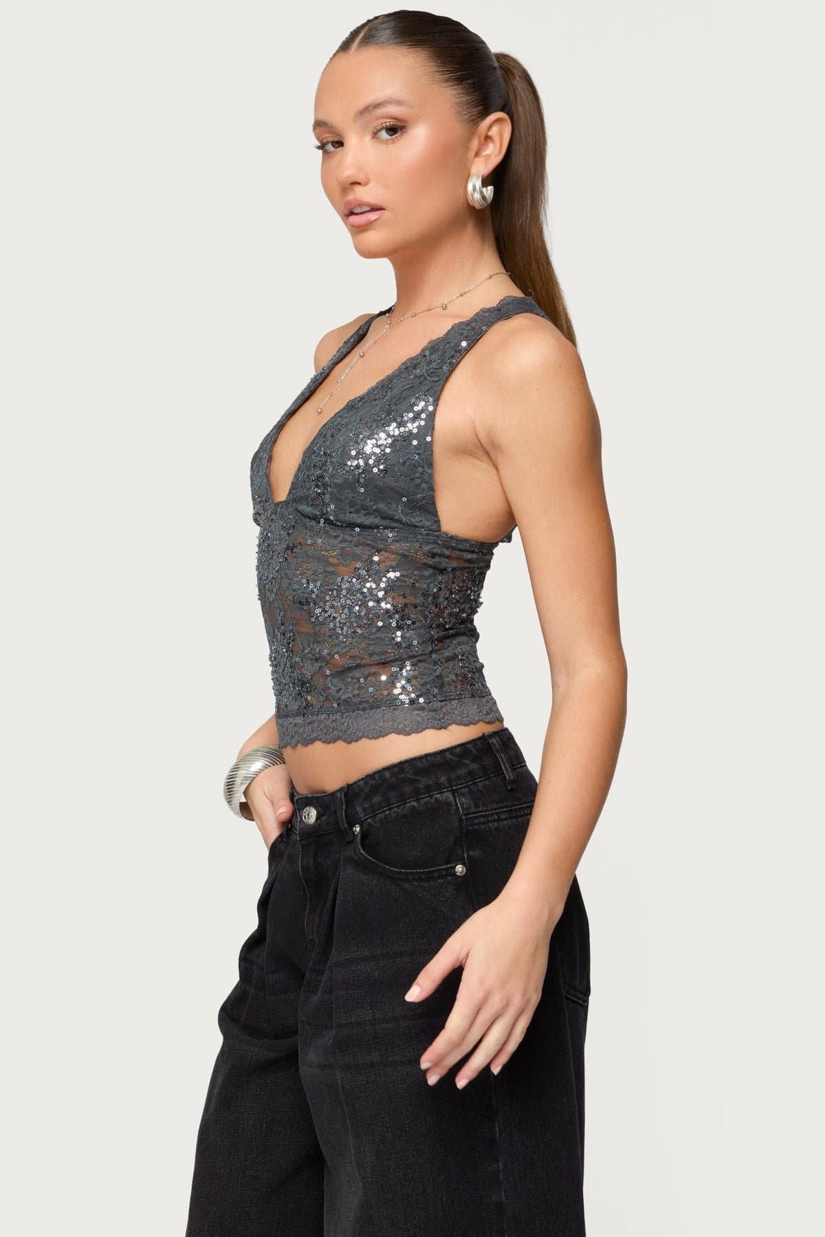 Isabela Sequin Sheer Lace Tank Top - Nylon Spandex Plunging Neckline