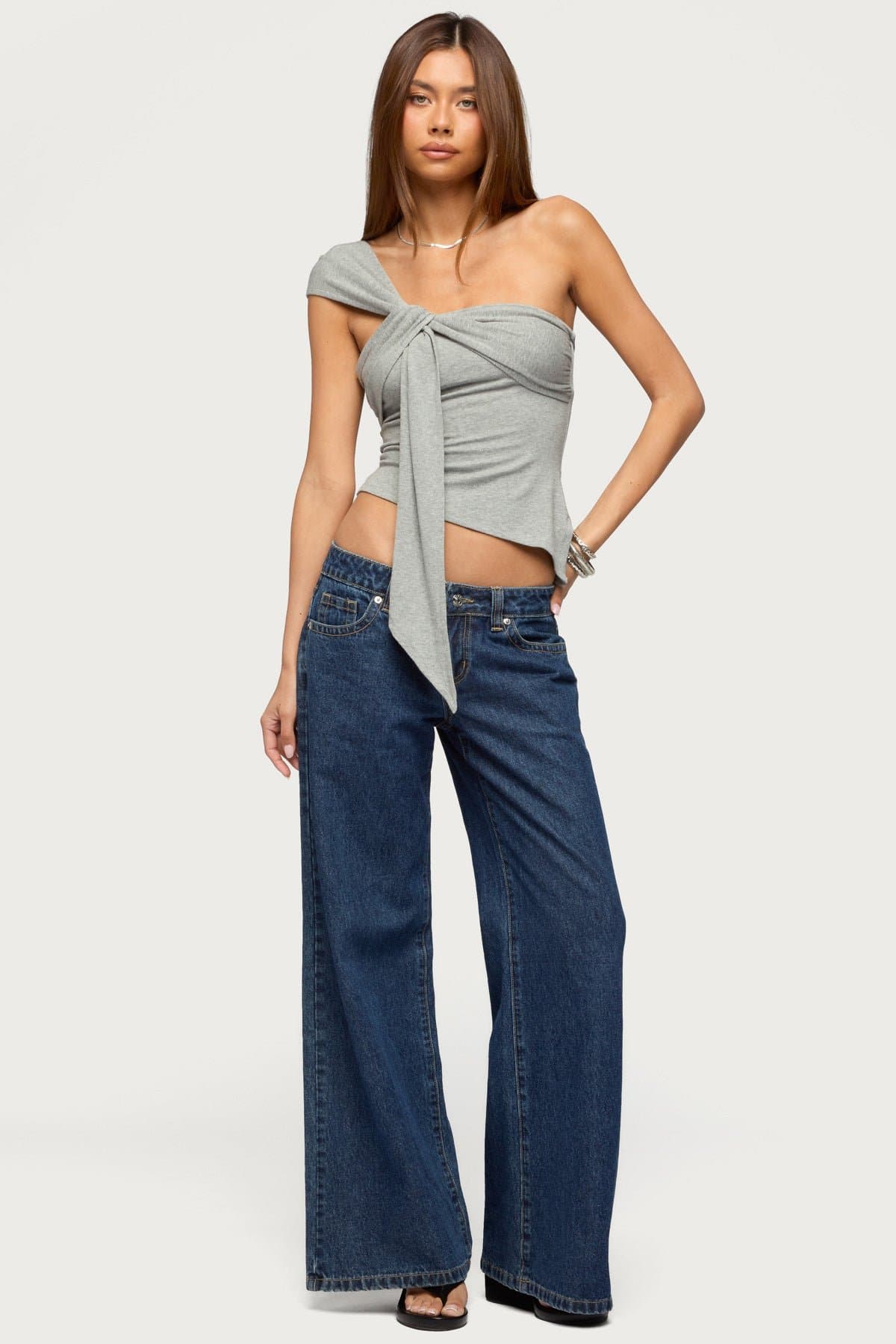 Zoie Draped Tie One Shoulder Top - Cotton Rayon Spandex Asymmetric Hem
