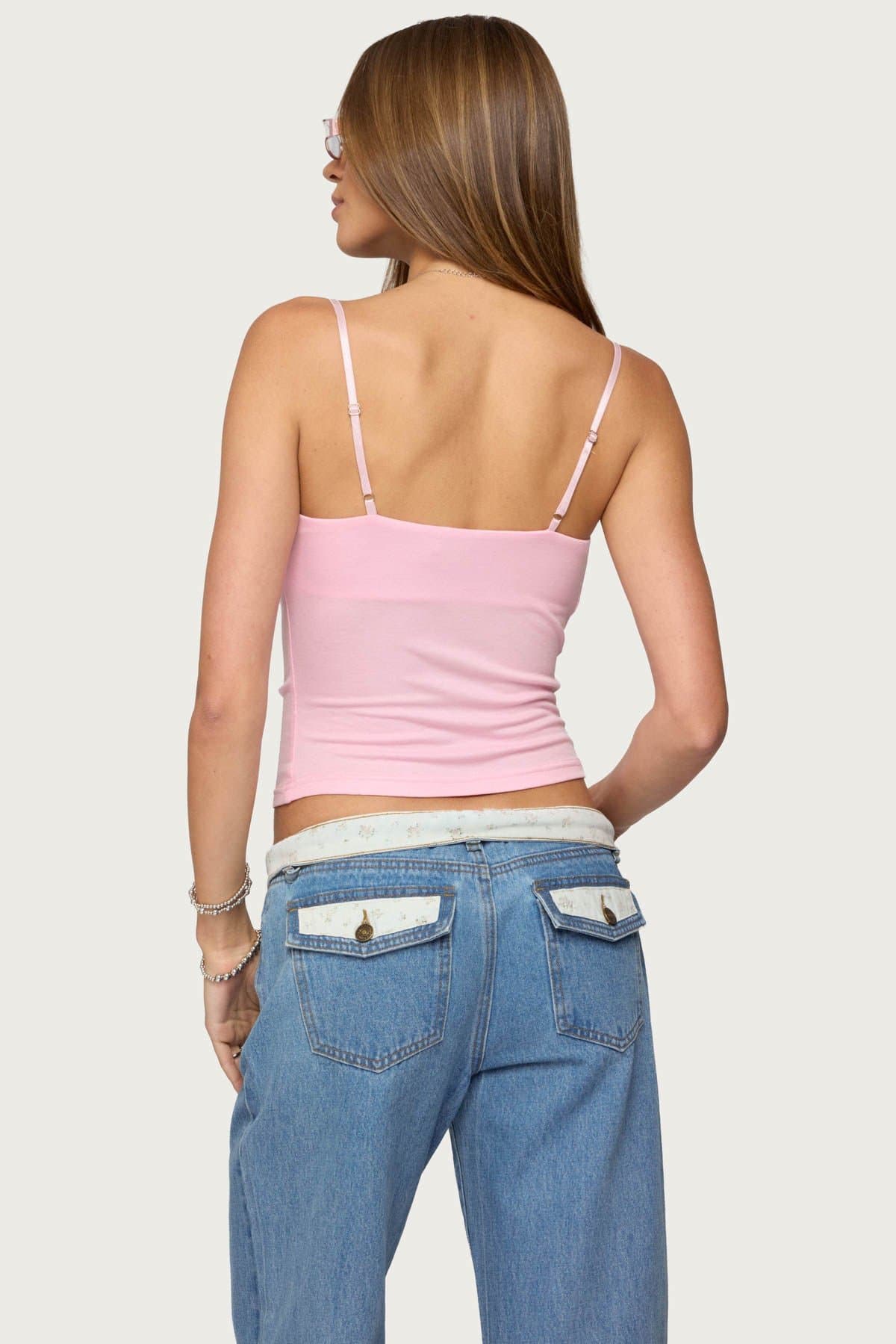 Layered Bra Cowl Neck Tank Top - Adjustable Straps, Beaded Detailing, Rayon Spandex