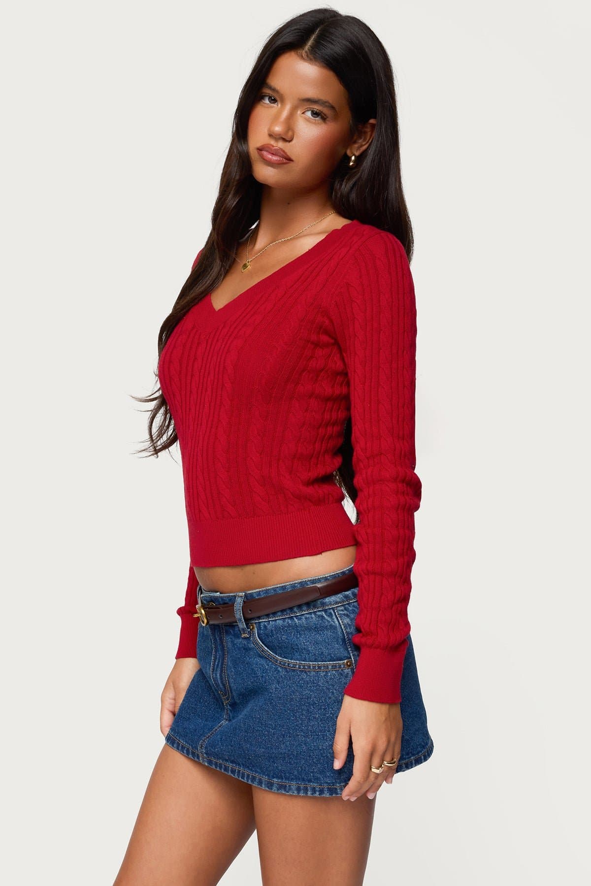 Ashlee V Neck Cable Knit Top - Long Sleeve 100% Cotton