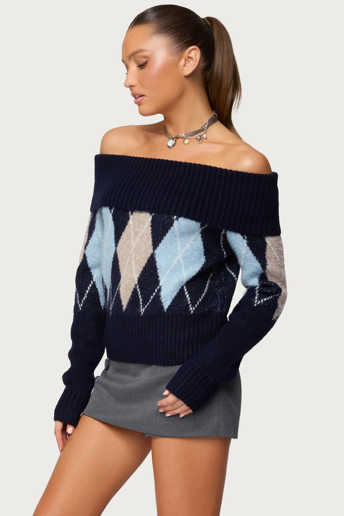 Jakarie Argyle Foldover Off-Shoulder Sweater - Knit Acrylic Polyester Spandex