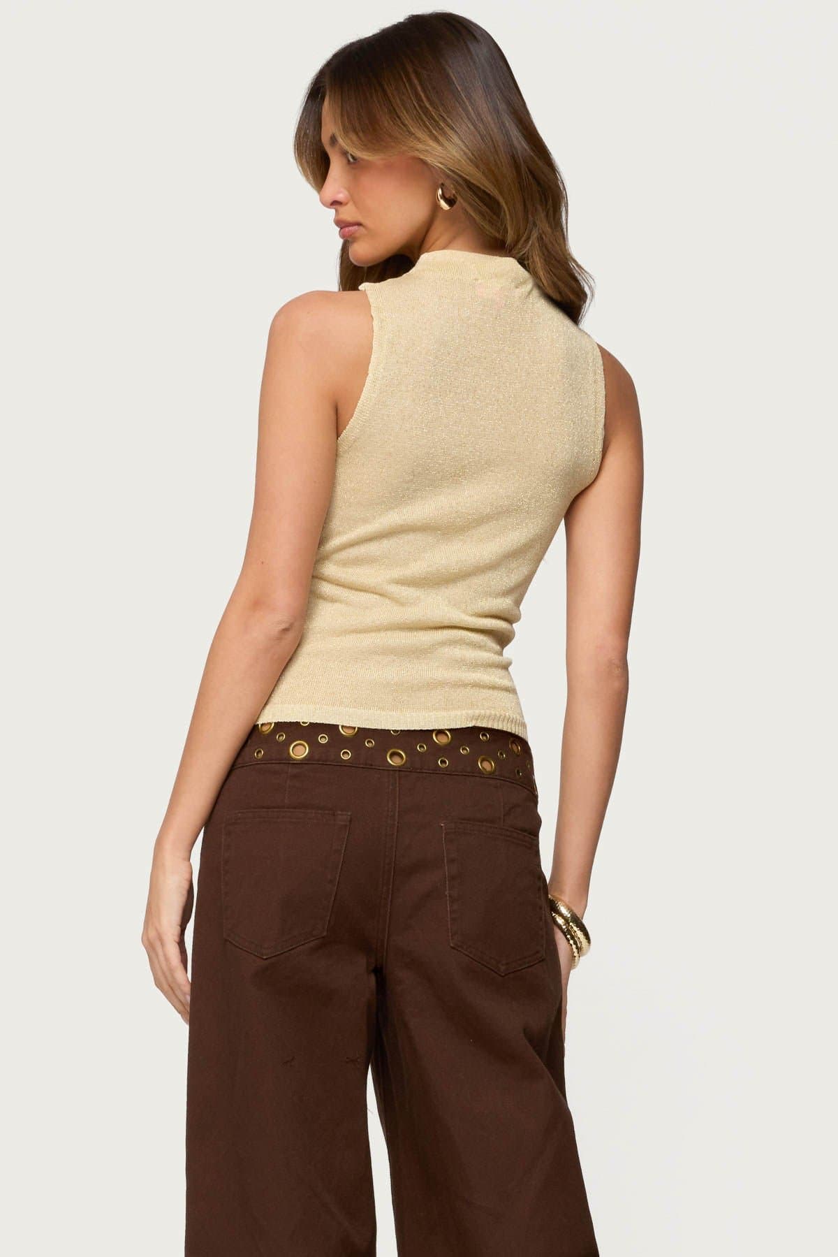 Nalia Gathered Ring Glitter Knit Top - High Neck Rayon Polyester