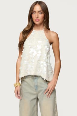 Ellorie Backless Sequin Halter Top - Polyester Spandex, Open Back Neck Tie